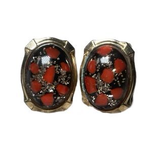 Vintage Art Glass Cufflinks Gold Black Red Glitter